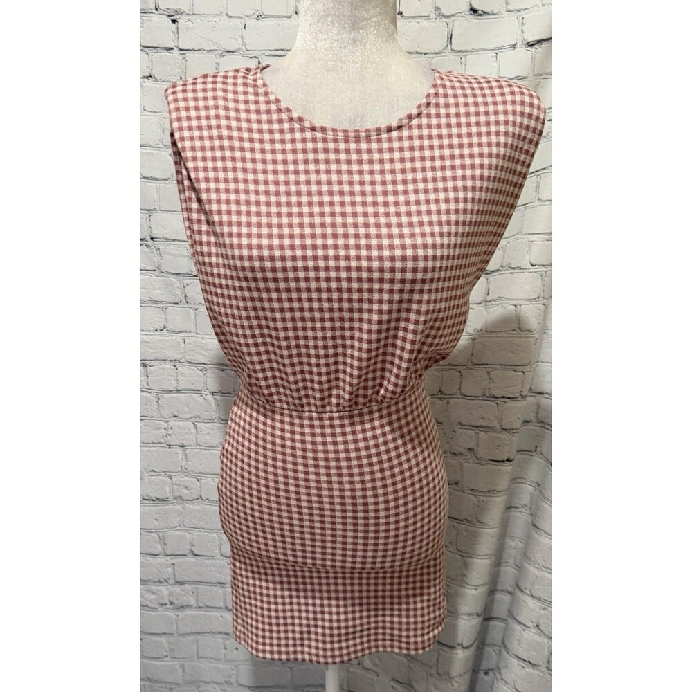 ZARA Women's Pink White Gingham Mini Dress Puff Shoulder Sleeveless Size Small